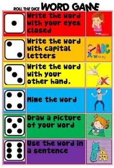 roll the word game with four dices and two words on each side, which are in