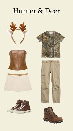 an assortment of clothing and accessories including shoes, headbands and deer antlers