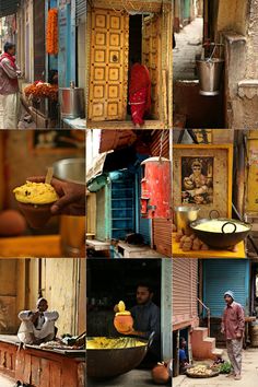 a series of photos with people and food in different locations around the world, including an alleyway