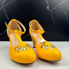 Brand New Without Box B19 Retro Heels With Heel Strap And Round Toe, Retro Heels With Heel Tab And Round Toe, Yellow Heels With Heel Strap And Round Toe, Yellow Round Toe Heels With Heel Strap, Vintage Yellow Pointed Toe Heels, Vintage Yellow Heels With Round Toe, Yellow Court Shoes With 4-inch Heel And Round Toe, Retro Heels With Removable Insole And Closed Toe, Yellow Heels With Heel Strap And Medium Width