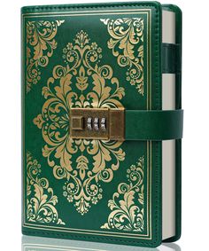 a green and gold book with two padlocks on the front cover, sitting open