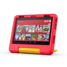 the children's tablet is red with yellow handles and features pictures of cartoon characters