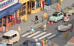 an animated city street scene with cars and people on skateboards in front of stores