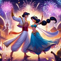 a painting of two people dancing with fireworks in the background