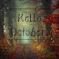 the words hello october are written in front of an image of a forest with trees and leaves