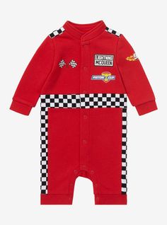 Your little one will be ready to jump into the driver's seat with this Cars-inspired one-piece! With embroidered and printed Lightning McQueen  Piston Cup  and flag designs on the front  the back includes a portrait of Lightning McQueen above "Kachow" lettering. With checkered details along the shoulders and legs  this onesie includes button snaps along the front and legs  perfect for getting your kiddo ready to go.A BoxLunch Exclusive!Cotton poly fleeceListed in infant sizesWash cold with like Lighting Mcqueen Party Decorations, Cars Theme Birthday Party Disney, Boys Race Car Birthday Party, Lightening Mcqueen 2nd Bday, Cars Theme First Birthday Party, Lightning Mcqueen First Birthday, Cars Theme 2nd Birthday Party, Nascar First Birthday Party, 2nd Birthday Boy Themes Cars