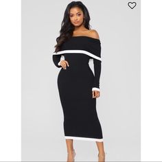 Brand New Never Using Or Opened Sealed Black Off-shoulder Midi Dress For Brunch, Off-shoulder Black Midi Dress For Brunch, Elegant Black And White Dress For Day Out, Chic Black And White Bodycon Dress, Black Midi Bodycon Dress For Brunch, Black Midi Length Bodycon Dress For Brunch, Chic Black And White Midi Dress, 70 Fashion, Satin Fashion