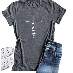 Comfy Gray Tee With White Faith Vertical Graphic. Size Small. Womens Christian Shirts, Christian Graphic Tees, Bible Shirts, Faith Tees, Faith Shirt, Tee Shirt Homme, Looks Style, Christian Shirts, Summer Cotton