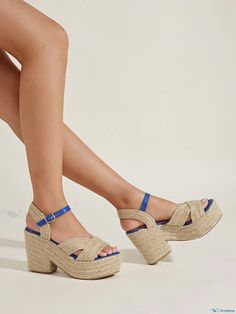 OrcaJump - Chic Hollow Ankle Strap Espadrille Platform Sandals Straw Sandals With Textured Footbed And Round Toe, Straw Ankle Strap Heels For Spring, Straw Heels For Beach Season With Round Toe, Straw Heels With Round Toe For Beach Season, Platform Closed Toe Heels For Beach Season, Straw Sandals With Heel And Ankle Strap, Vacation Closed Toe Platform Heels, Casual Heels With Buckle Closure For Vacation, Casual Vacation Heels With Buckle Closure