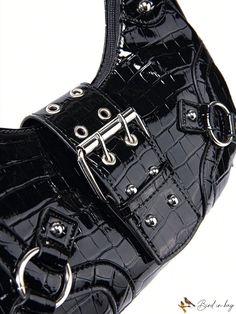 BirdinBag - Black Punk Hobo Bag with Crocodile Embossed Buckle Detail - Stylish and Edgy Edgy Bags, Black Punks, Y2k Clothes, Inch Bag, Baguette Bag, Save The Planet, Bag Bag, Bago, Hobo Bag