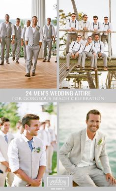 men's wedding attire for gorgeous beach celebration by the water, and groomsmen in white suits