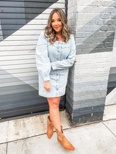 Square neck long sleeve button up denim dress with pockets. Casual Dark Wash Button-up Denim Dress, Button-up Washed Denim Dress, Dark Wash Button-up Denim Dress, Chic Denim Mini Dress With Button-up Front, Spring Medium Wash Button-up Denim Dress, Xl Dress, Square Neck, Denim Dress, Button Up