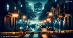 a city street at night with police tape on the ground and people laying in the rain