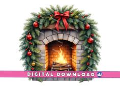 a fireplace with christmas decorations around it and the words digital download on top of it