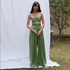 Heavy Satin Jumpsuit Style: Urban Casual Occasion: Casual Fabric: Polyester:100% Color: Green Brand New Elegant Strapless Jumpsuit For Beach, Green Strapless Jumpsuits For The Beach, Green Strapless Jumpsuits And Rompers For Beach, Green Strapless Jumpsuit For Beach, Two-piece Jumpsuits And Rompers For Beach In Summer, Spring Vacation Two-piece Jumpsuits And Rompers, Two-piece Jumpsuits And Rompers For Summer Beach, Two-piece Jumpsuit And Romper For Beach Summer, Two-piece Summer Beach Jumpsuit Or Romper