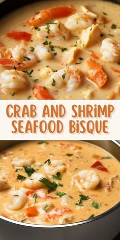 crab and shrimp seafood bisque in a skillet with text overlay that reads crab and shrimp seafood bisque