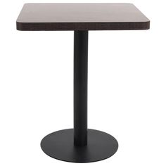 a square table with a black base and brown top