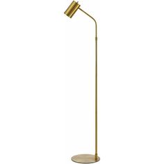 a gold floor lamp with an adjustable arm and a round base, on a white background