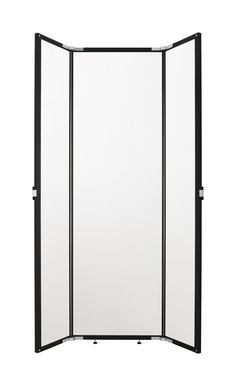 a black and white room divider on a white background with the door open to reveal an empty area