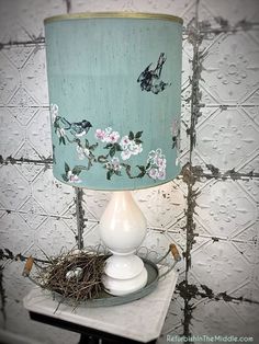 a lamp that is sitting on top of a table next to a bird's nest