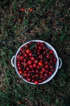 a bucket full of cherries sitting on the ground