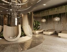 an artisticly designed lobby with plant life on the walls and flooring, as well as circular seating