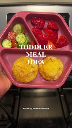 a person holding a pink tray with food in it that says toddler meal idea