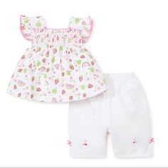 Kissy Kissy Tutti Frutti Print Pima Cotton Capri Set 100% Pima Cotton Made In Peru Pink Cotton Sets With Strawberry Print, Casual Strawberry Print Sets For Spring, Summer Cotton Sets With Strawberry Print, Cute Strawberry Print Sets For Spring, Playful White Summer Sets, Playful White Sets For Summer, Cute White Summer Sets, Pink Strawberry Print Sets For Summer, Playful White Short Sleeve Set