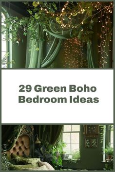 the green boho bedroom is decorated with greenery and fairy lights, as well as plants