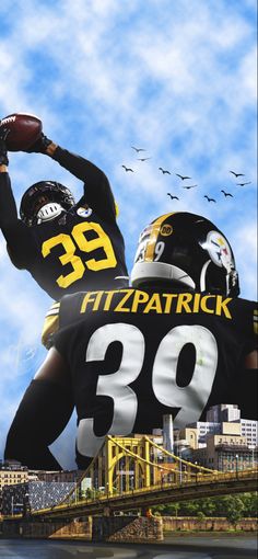 two football players in black and yellow uniforms are facing each other with birds flying above them