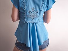 Blue Lace Cutwork Blouse High Low Peplum Top Vintage 1960s Floral Richelieu Embroidered Broderie Anglaise Scalloped Cut Work Puritan Blouse - Etsy Bohemian Cotton Lace Top With Short Sleeves, Fitted Cotton Lace Top With Short Sleeves, Bohemian Short Sleeve Cotton Lace Top, Fitted Short Sleeve Blouse For Festival, Fitted Embroidered Lace Top For Summer, Fitted Cotton Lace Top, Spring Tops With Broderie Anglaise, Fitted Broderie Anglaise Tops For Spring, Short Sleeve Lace Blouse With Broderie Anglaise