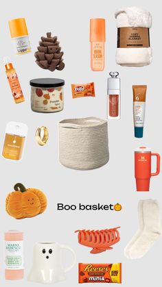 various items are arranged in the shape of a circle on a gray background with words boo basket