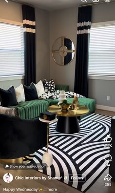 White Wall Apartment Living Room, Green Gold Black And White Living Room, Green And Gold Apartment Decor, Glam Basement Ideas, Black White Gold Green Living Room Ideas, Black Gold And Green Living Room, Living Room Designs Color, Home Decor Ideas Living Room And Kitchen