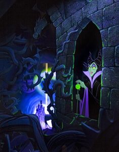 the animated maleficent scene is lit up at night with purple and green lights