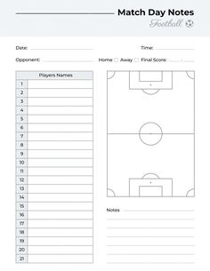 a printable soccer goal sheet for the match day notes