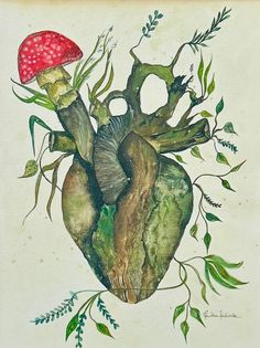 a painting of a heart with leaves and mushrooms