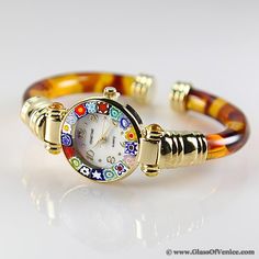 Murano millefiori bangle watch - amber Elegant Multicolor Watches For Gifts, Elegant Multicolor Watches As Gifts, Multicolor Round Watches For Gift, Multicolor Round Watches As Gifts, Multicolor Watches With Bracelet Strap As Gift, Multicolor Bracelet Strap Watch As Gift, Plastic Bangles, Glass Bangles, Bangle Watches