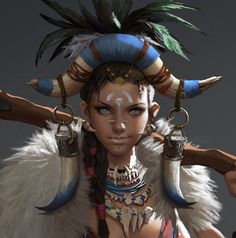 an image of a woman with horns and feathers on her head holding a wooden stick