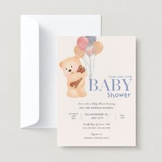 a baby shower card with a teddy bear holding balloons