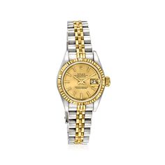 Pre-Owned Rolex Datejust Women's 26mm Automatic Stainless Steel, 18kt Yellow Gold Watch. C. 1995. Experience the renowned luxury of a pre-owned Rolex with this Datejust women's watch. The timepiece features Swiss automatic movement, synthetic sapphire crystal, 26mm case, 18kt yellow gold bezel and crown, champagne dial, and stainless steel and 18kt yellow gold jubilee bracelet that finishes with a foldover clasp. Water-resistant up to 100M. Pre-owned Rolex 18kt yellow gold and stainless steel wa Elegant Gold Watch Band With Date Indicator, Elegant Gold Watch Bands With Date Indicator, Gold Watch Bands With Diamond Hour Markers, Rolex Datejust Women, Seiko Automatic, Seiko Men, Jewelry Essentials, Pre Owned Rolex, Women's Watch