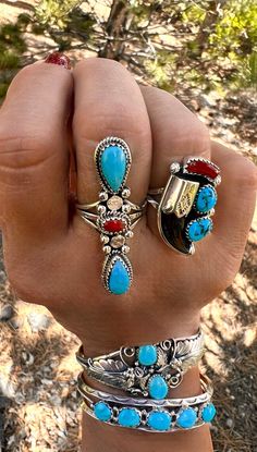 🐺We have one gorgeous, sturdy, well-made coyote claw ring left, double turquoise claw ring A (SIZE 8.5, 1 1/16" LONG AND 3/4" WIDE, 4.80 GRAMS)🐺 🐺BEAUTIFUL NAVAJO HANDCRAFTED AND SIGNED BH BY THE ARTISAN BETTY HAWTHORNE AND HALLMARKED 925 STERLING SILVER RING WITH TURQUOISE AND CORAL. 🐺 🐺The ring illustrated with the letter A is the exact ring you will be receiving. We are expecting coyote claw pendants any day now now. The rings and pendants make a fabulous set and will definitely make a s Navajo Turquoise Jewelry Eagle Rock Trading Post, Luxury Elegant Untreated Turquoise Ring, Turquoise Jewelry Outfit, Turquoise Diamond Rings, Turquoise Heart Necklace, Vintage Turquoise Jewelry, Cowgirl Accessories, The Letter A, Claw Ring