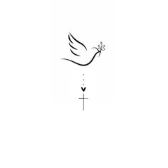 a black and white drawing of a dove with a cross on it's side