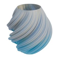 a white and blue vase with wavy lines on it's side, against a white background