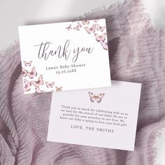 two thank cards with pink butterflies on them and the words, thank you luna's baby shower