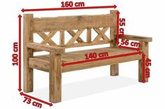 a wooden bench with measurements for the seat