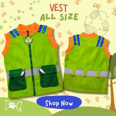 two green vests with blue and orange details on the front, one is for children