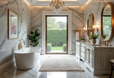 an elegant bathroom with marble walls and flooring, chandelier above the bathtub