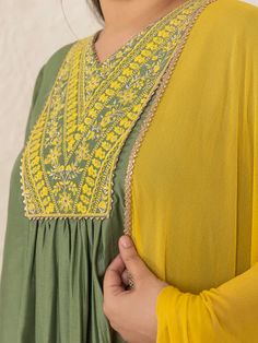 This is beautiful 3-piece set. The set comes with chinnon embroidered kurta has v neck, 3/4th sleeves and calf length teamed with solid flared palazzo pants and a chiffon dupatta with lace border. 3-piece set Color-Olive Green & Yellow Work - Yoke Embroidery Detailing Kurta Fabric-Chinnon Bottom Fabric - Chinnon Dupatta Fabric - Chiffon Kurta Length - 47 inch Sleeves- 3/4th Sleeveless Neck-V Neck Bottom Length - 37 inch Dupatta Length - 2.25 meter Care-Dry Clean or Hand wash Flared Palazzo, Formal Jewelry, Lace Border, Casual Party, Churidar, Palazzo Pants, Fabric Shop, Embroidery Details, Formal Wedding