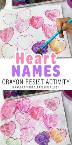 heart name craft for kids to make with crayon resists and watercolor pencils