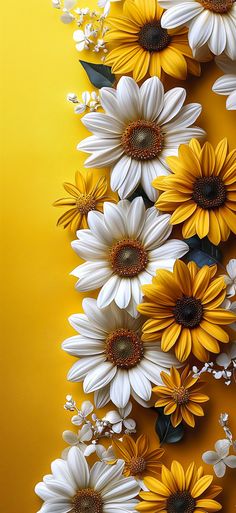 an arrangement of white and yellow flowers on a yellow background